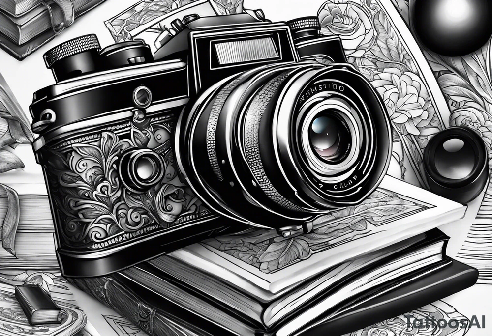 Camera on a stack of books tattoo idea