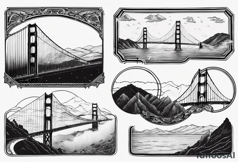 Golden Gate Bridge with fog rolling in with Marin hills in the background tattoo idea