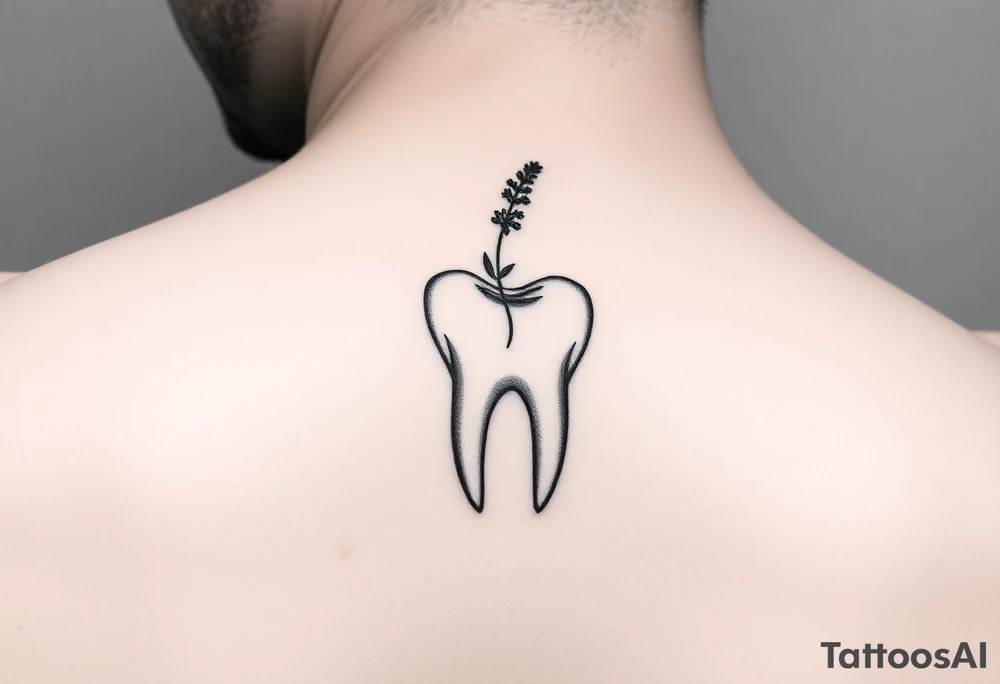 Fine-line molar tooth with a single delicate wildflower stem (like lavender or baby’s breath) leaning across it, soft dot-work shading, very light and airy, small behind-ear tattoo.” tattoo idea