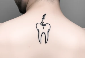 Fine-line molar tooth with a single delicate wildflower stem (like lavender or baby’s breath) leaning across it, soft dot-work shading, very light and airy, small behind-ear tattoo.” tattoo idea