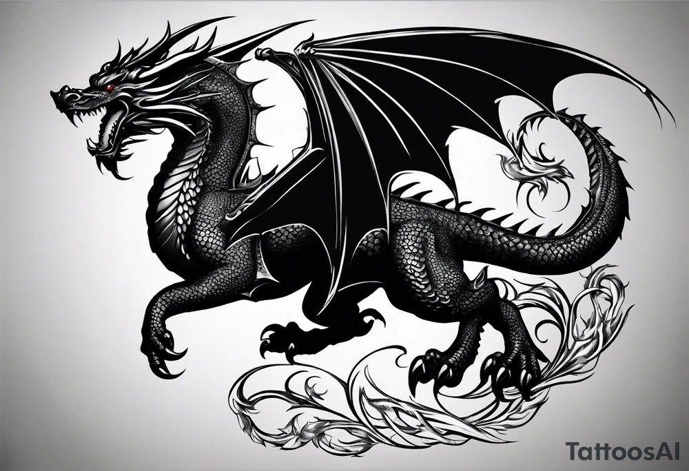 A medieval and powerful black dragon, flinging with a medieval and powerful black dragon. tattoo idea