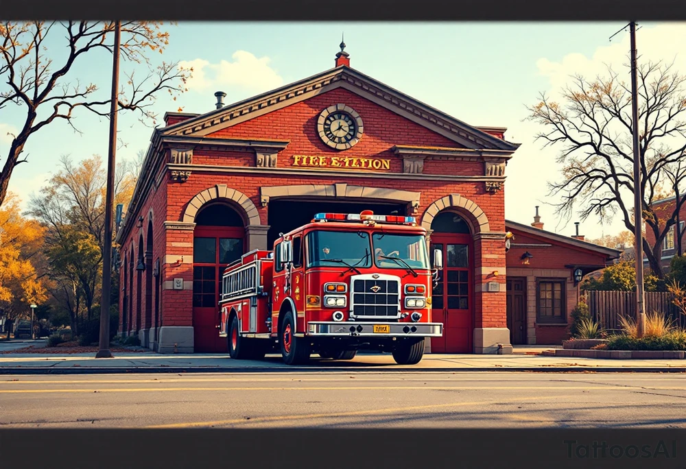 A fire station with an old-school red fire truck parked in front, with warm brick textures and golden sunlight casting long shadows. tattoo idea