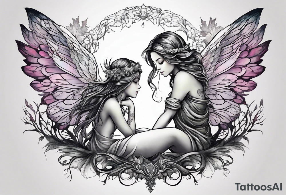 Fairy crouching with a tree coming out of wings tattoo idea