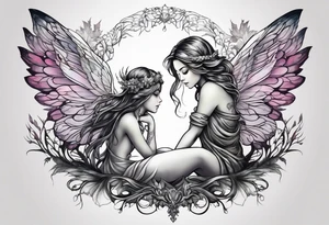 Fairy crouching with a tree coming out of wings tattoo idea
