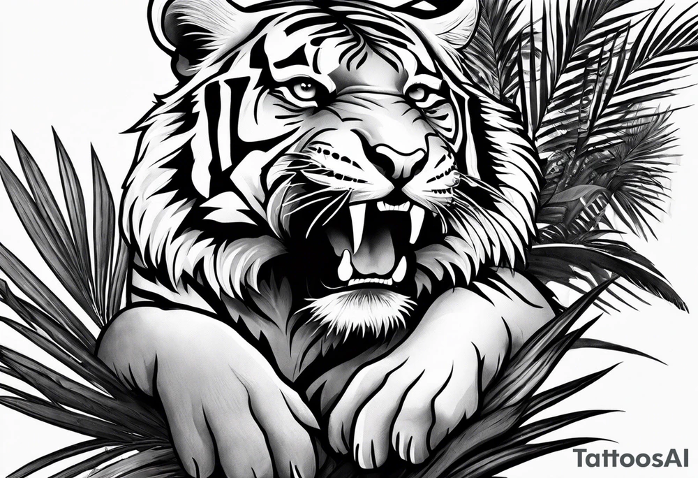tiger laying on palm tree tattoo idea