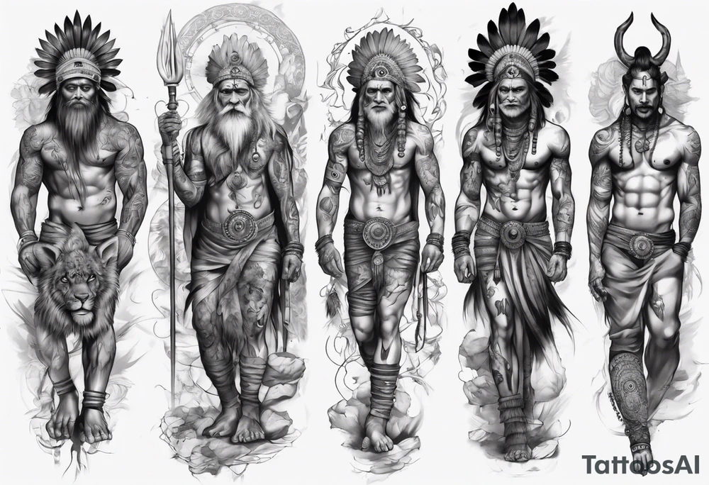 indian realistic leg sleeve with humans and maybe some animals evil looking tattoo idea