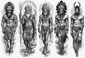 indian realistic leg sleeve with humans and maybe some animals evil looking tattoo idea