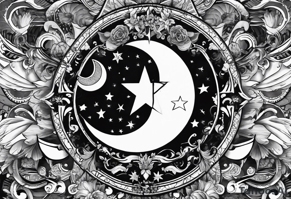 Collage for full left arm sleeve with:
a sun with a quarter moon,
2 stars
bass guitar,
caduceus symbol tattoo idea