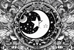 Collage for full left arm sleeve with:
a sun with a quarter moon, 
2 stars
bass guitar, 
caduceus symbol tattoo idea