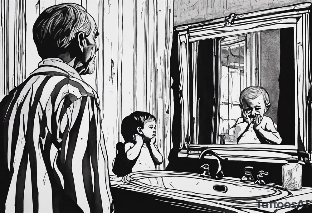 To visualize your idea:

The old, sad man stands in front of the mirror, with deep lines on his face, expressing sorrow and a sense of loss.
The mirror reflects a joyful child, symbolizing lost youth, innocence, and nostalgia. The child’s reflection should be bright, standing in stark contrast to the man’s appearance.
Surrounding them are wilted flowers, such as roses and lilies, representing the fragility of life and time passing.
Dark, heavy shading and contrasts would emphasize the melancholic atmosphere. tattoo idea