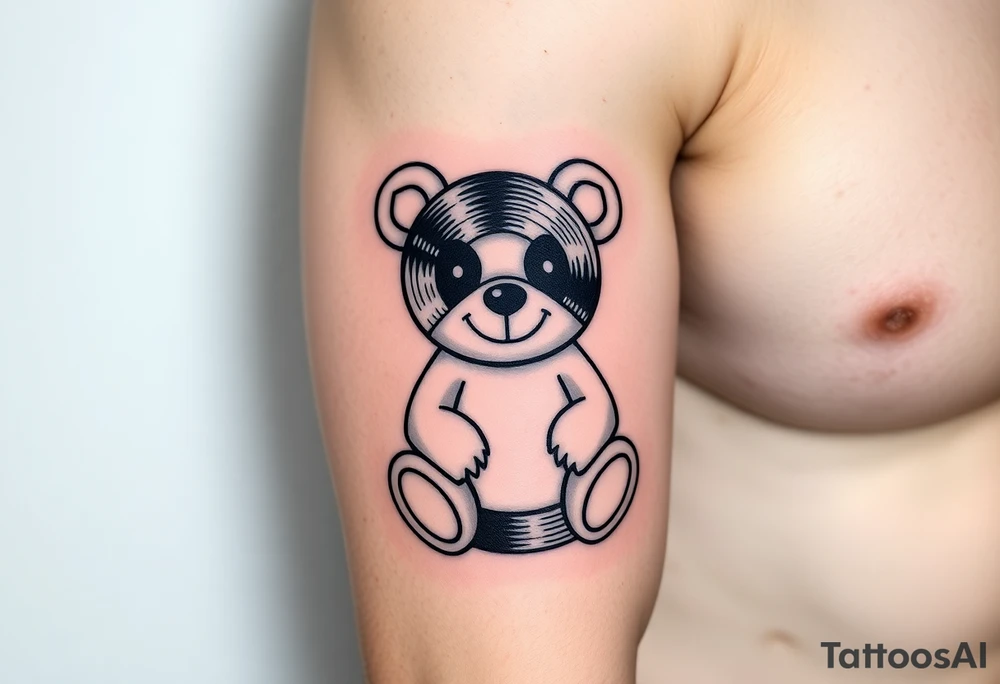 minimalist teddy bear with vinyl records as eyes smiling and sitting on a record yer tattoo idea