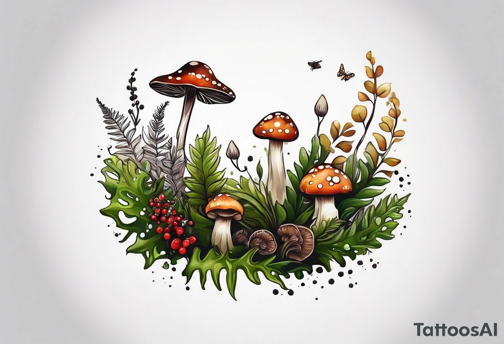 minimalistic forest floor inspired tattoo, which includes grass, moss, curly ferns and dead leaves as the bulk of the tattoo. details to include: forest berries, couple of very small brown mushrooms, a tiny bumblebee flying nearby tattoo idea