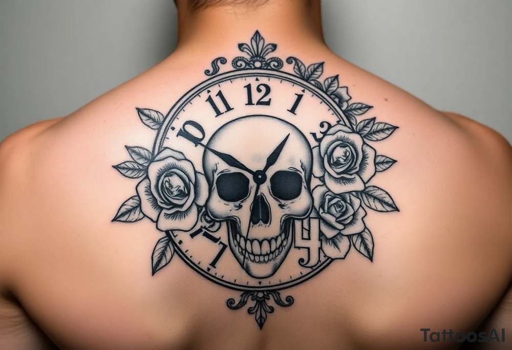 Clock face 11:43 as set time. With roses and skull tattoo idea
