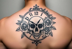 Clock face 11:43 as set time. With roses and skull tattoo idea