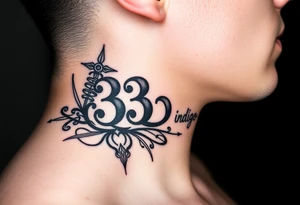 Spiritual number 333 with the name indigo in it small to medium tattoo on right side of 
neck tattoo idea