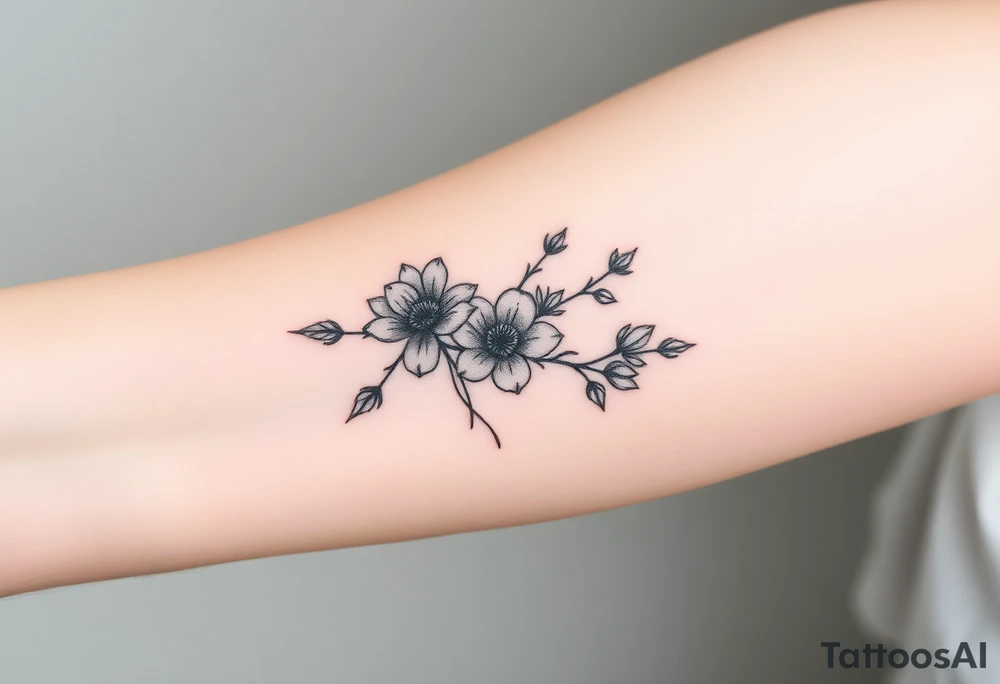 Feminine, romantic, dot work, wispy, flowers, eucalyptus tattoo idea
