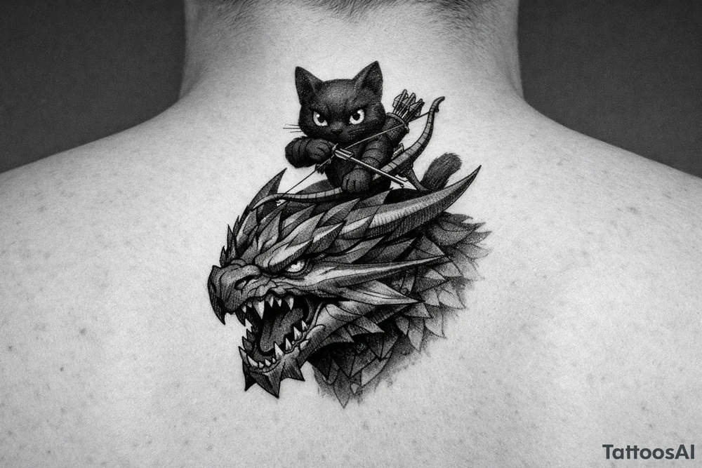 A vertical fantasy tattoo illustration of a cute black Palico feline cat riding on the back of a sleek Nargacuga wyvern dragon. The dragon must have smooth, sleek, interlocking metallic reptilian scales with an aerodynamic texture, zero fur, and zero feathers. The camera is a close-up vertical portrait showing the full cat on top holding a hunter's bow and arrow, and the dragon's snarling head and shoulders directly below it. Color palette: The dragon is colored in a rich mix of dark steel blue and deep teal gradients, with a sharp, glowing neon-red streak trailing backwards from its eye. The cat is matte black with large glowing yellow eyes. Crisp clean outlines, solid white background, stencil ready, high fantasy digital concept art. tattoo idea