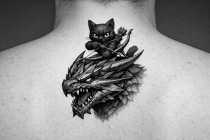 A vertical fantasy tattoo illustration of a cute black Palico feline cat riding on the back of a sleek Nargacuga wyvern dragon. The dragon must have smooth, sleek, interlocking metallic reptilian scales with an aerodynamic texture, zero fur, and zero feathers. The camera is a close-up vertical portrait showing the full cat on top holding a hunter's bow and arrow, and the dragon's snarling head and shoulders directly below it. Color palette: The dragon is colored in a rich mix of dark steel blue and deep teal gradients, with a sharp, glowing neon-red streak trailing backwards from its eye. The cat is matte black with large glowing yellow eyes. Crisp clean outlines, solid white background, stencil ready, high fantasy digital concept art. tattoo idea