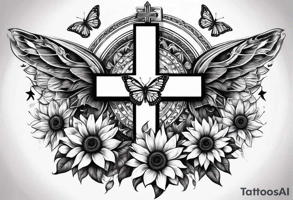 Winged cross with sunflower and butterflies tattoo idea