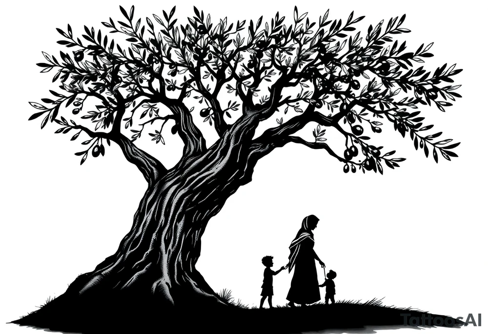 A highly detailed tattoo design featuring a majestic olive tree with sprawling branches and textured bark. Underneath the tree, a small family is depicted: a father, a mother wearing a hijab, and their young son, all interacting with the tree as if harvesting olives. The figures are fully blacked-out silhouettes, emphasizing simplicity and elegance, while the olive tree is intricately detailed with realistic leaves and a textured trunk. The composition conveys a sense of connection, unity, and tradition, with a soft gradient background to highlight the figures and tree tattoo idea