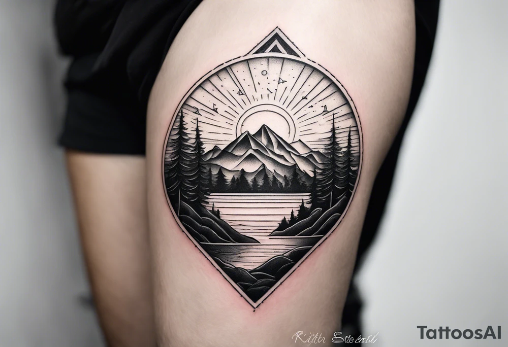 straight line -  represents overcoming challenges & strength - mountains, waves with a little sunshine tattoo idea