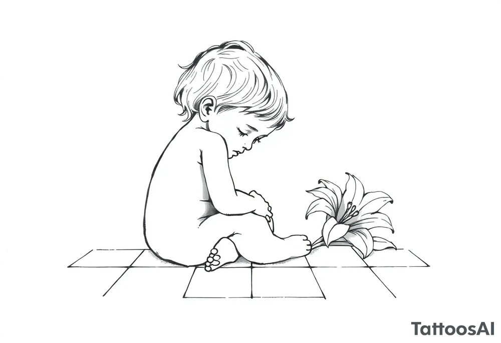 A simple tile floor with a minimalist outline of a curled up child sitting on the floor with a lily next to her tattoo idea