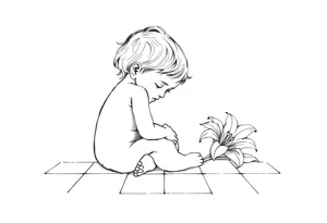 A simple tile floor with a minimalist outline of a curled up child sitting on the floor with a lily next to her tattoo idea