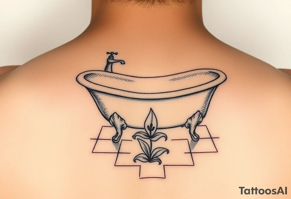 clawfoot bathtub with simple faucet and lily coming up out of the tile floor tattoo idea