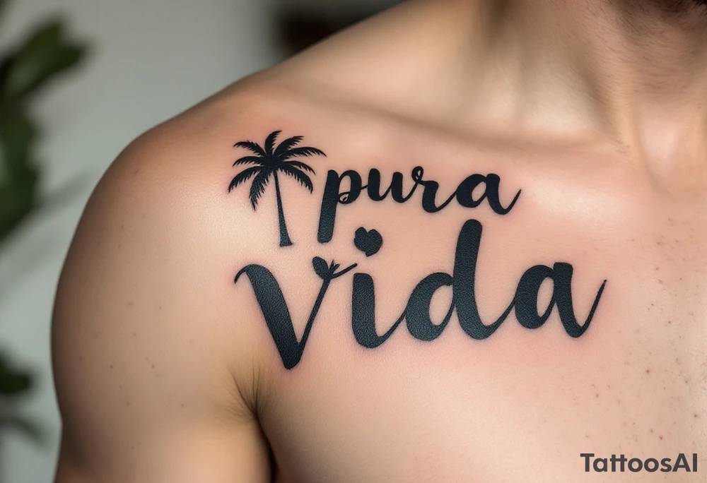 Bold serif “Pura Vida” in dark brown ink with palm tree silhouettes in deep green and sandy beige. tattoo idea