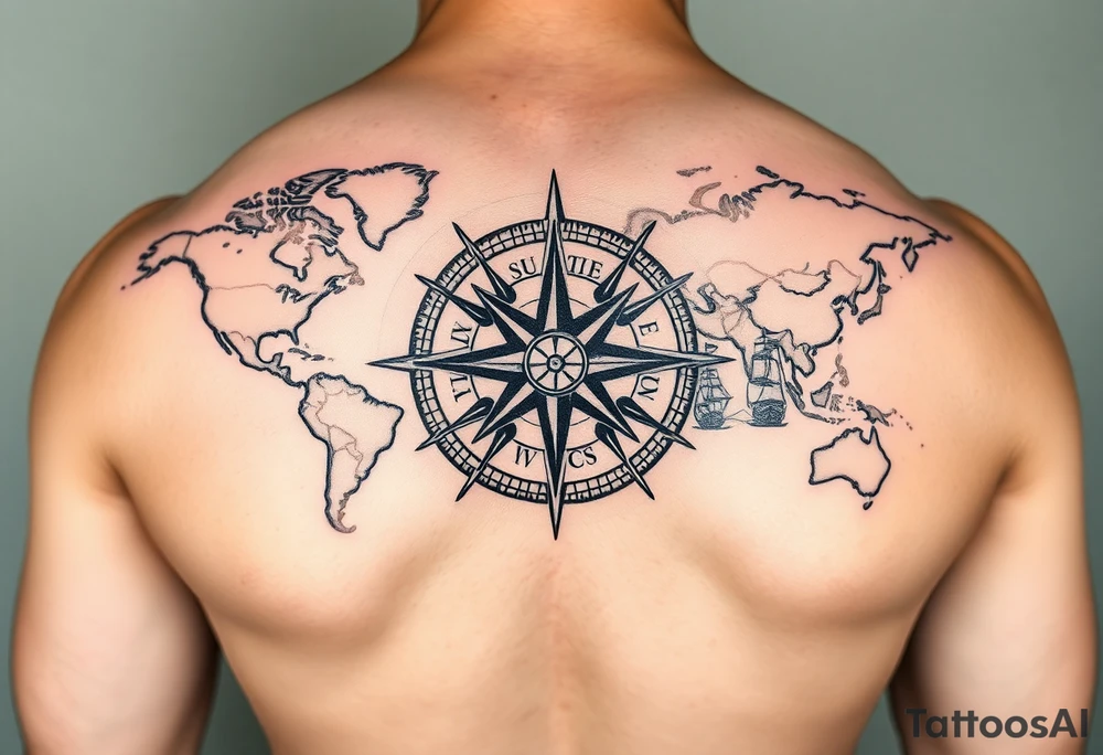 antique compass rose overlaid on weathered world map with sailing ships tattoo idea