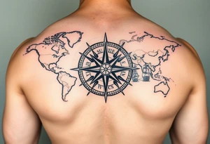 antique compass rose overlaid on weathered world map with sailing ships tattoo idea