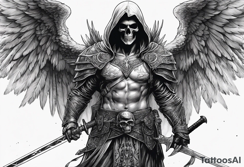 realistic angel of death, full body, no face visible, holding a sword in both hands, the sword is pointing downwards, skulls lie on the ground tattoo idea