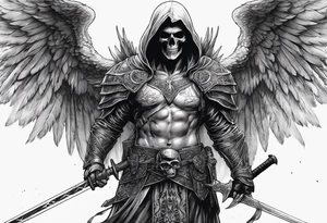 realistic angel of death, full body, no face visible, holding a sword in both hands, the sword is pointing downwards, skulls lie on the ground tattoo idea