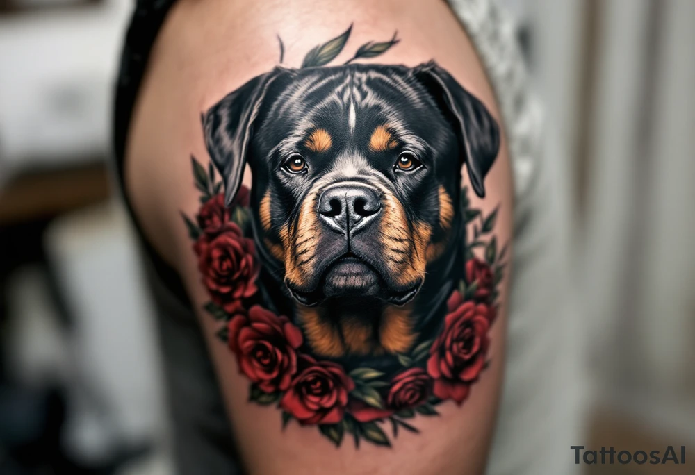 Rottweiler with Rose Wreath – A calm Rottweiler portrait surrounded by red and deep burgundy roses. Use full color with high contrast between the dark fur and bright petals. tattoo idea