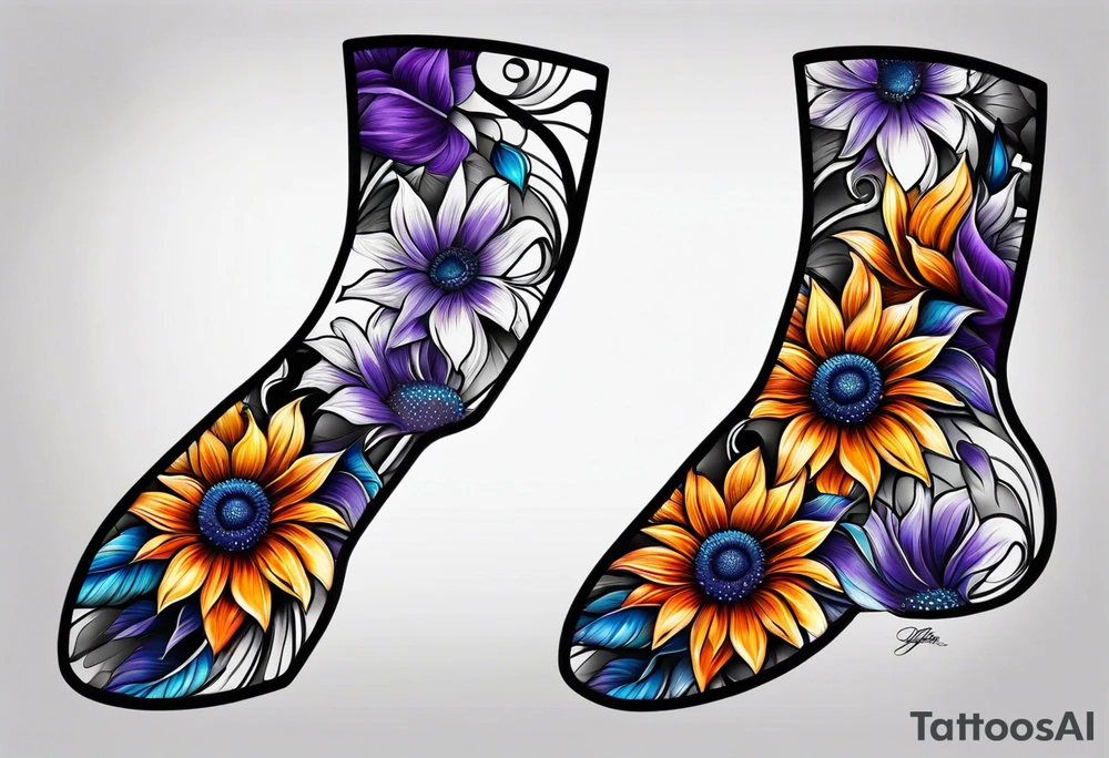 Full leg sleeve with purple, orange and blue sunflowers tattoo idea