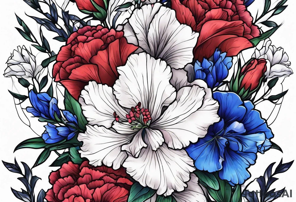 Larkspur flowers and carnation flowers in all color tattoo idea