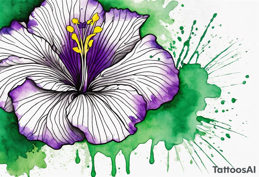 An outline of a rio dipladenia flower with a green and purple watercolor splash in the background tattoo idea