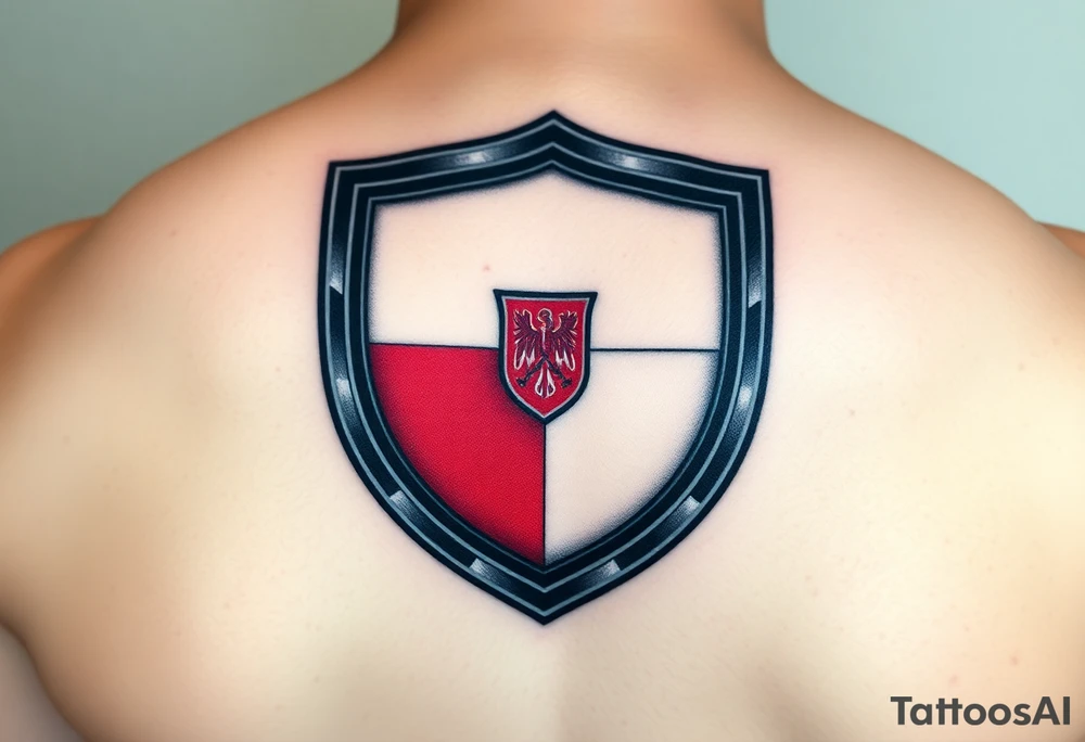 A Czech flag inside a shield emblem, with metallic textures enhancing its strength and durability tattoo idea