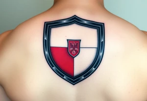 A Czech flag inside a shield emblem, with metallic textures enhancing its strength and durability tattoo idea