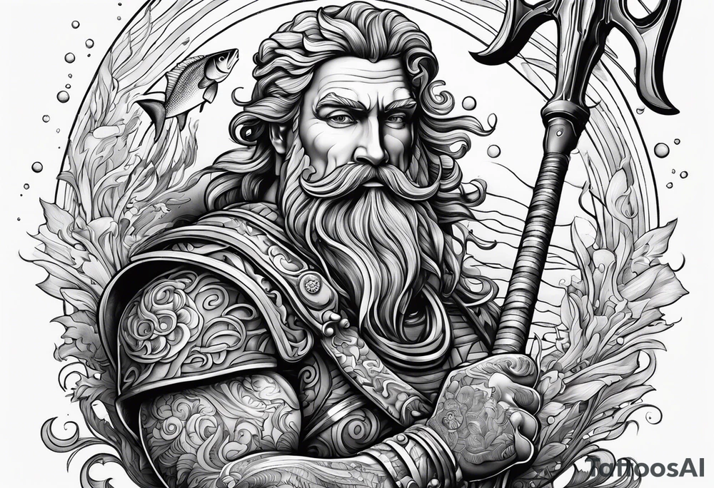Scuba diver holding a trident of Poseidon tattoo idea