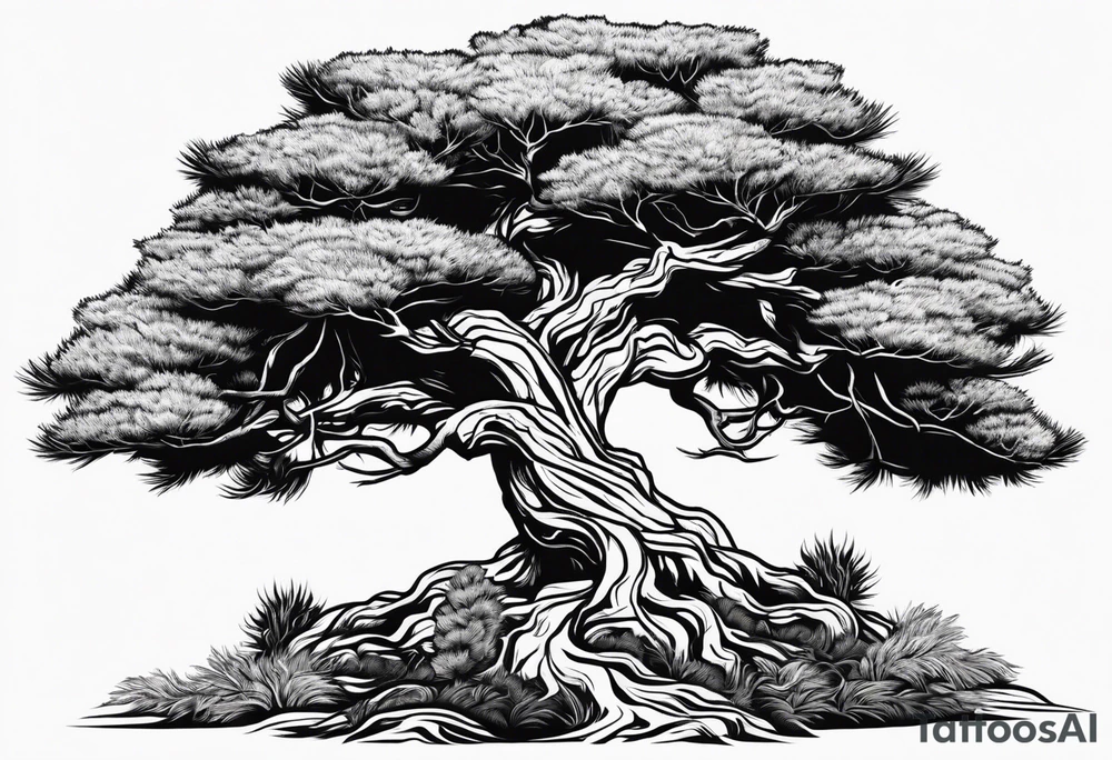 Pine tree on the oposite side a juniper tree, roots of botj trees are emtangeled in celtic trinity sign tattoo idea