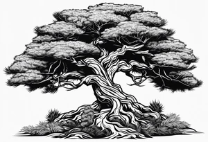 Pine tree on the oposite side a juniper tree, roots of botj trees are emtangeled in celtic trinity sign tattoo idea