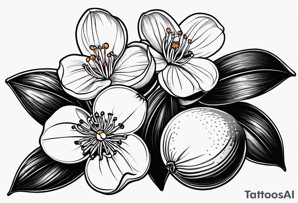 A single orange blossom next to a single orange quarter slice. Simple line art with very minimal shading. do not include full or unpeeled oranges. Do not include stems or leaves. tattoo idea