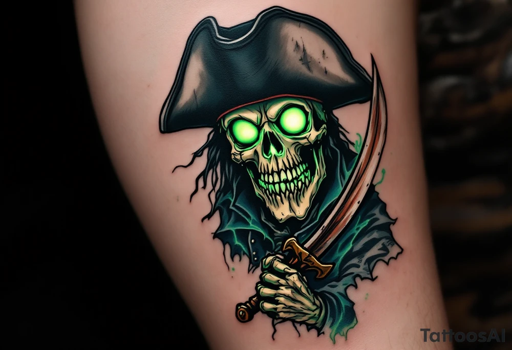 Ghost Captain’s Curse – A skeletal pirate captain with a tattered black tricorn hat and a rotting navy coat, gripping a rusty cutlass. His hollow eye sockets glow with an eerie mist, and a ghostly green aura swirls around him. tattoo idea