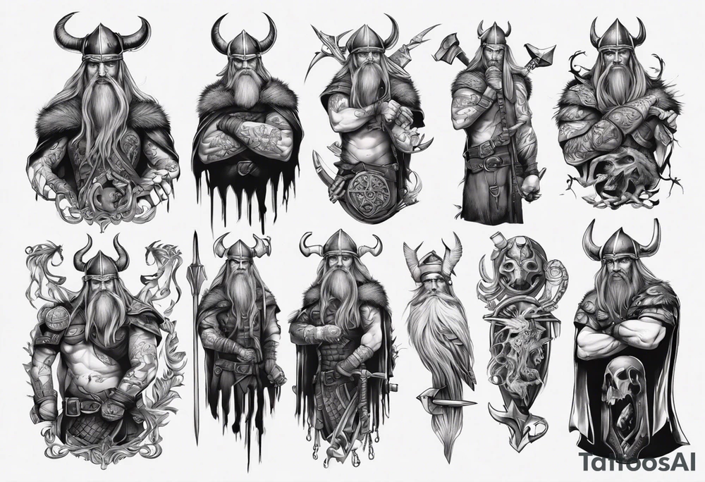 uma bruxa viking com corvos em preto e branco tattoo idea
