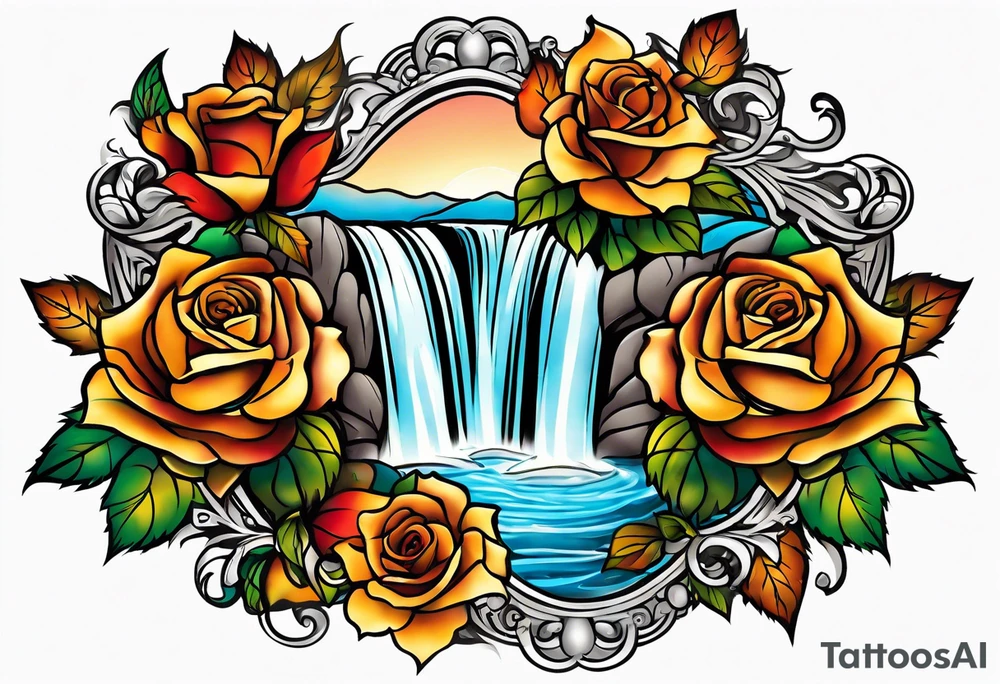 thigh tattoo with fall colors showing, flowers, roses, water flow, and sky tattoo idea