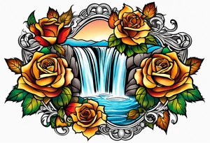 thigh tattoo with fall colors showing, flowers, roses, water flow, and sky tattoo idea