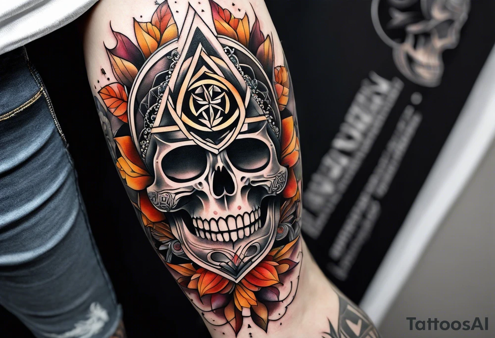 knee tattoo with sacred geometry, skull, swirls & washes in background in fall colors tattoo idea