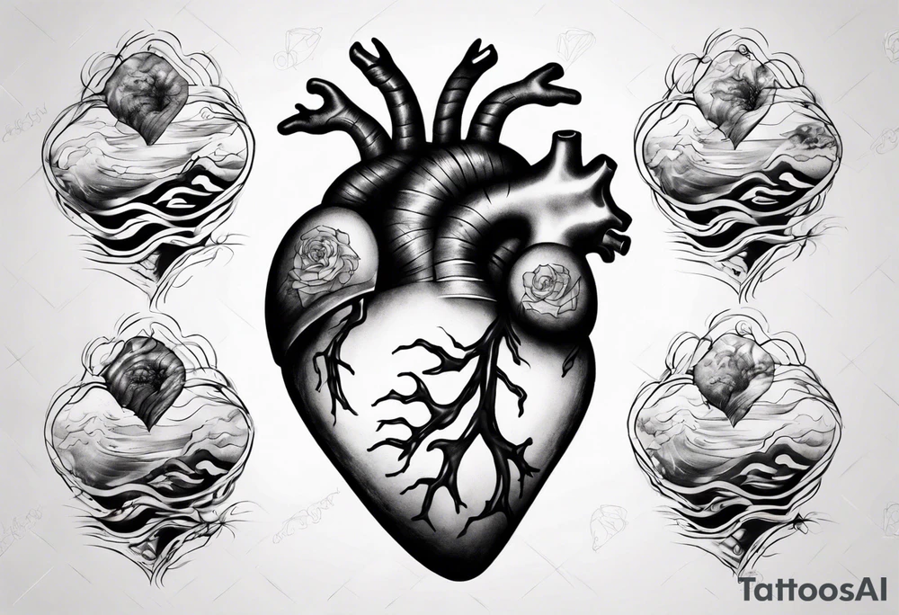 anatomic heart which consists of  Japanese waves painting tattoo idea