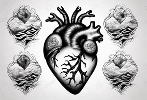 anatomic heart which consists of  Japanese waves painting tattoo idea
